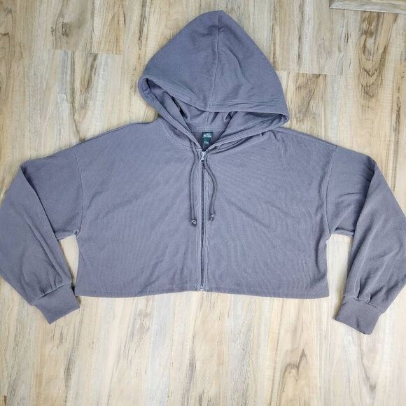 ☔️🩵NWT Gray Ribbed Zippered Crop Hoodie Sweatshirt Large - Picture 4 of 11